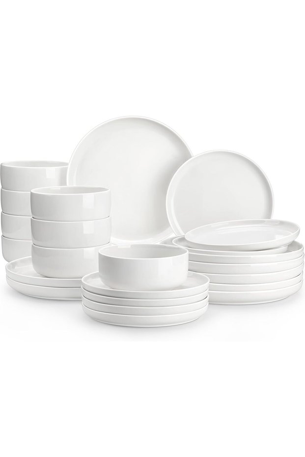 Set of Plates and Bowls, 24-Piece Modern Porcelain Dinnerware Set for 8 People, White