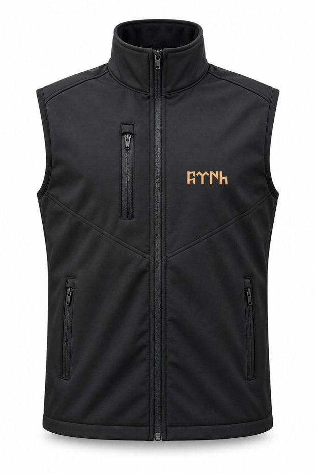 Göktürk Written Unisex Regular Fit Stand Collar Black Softshell Vest with 3 Zipper Pockets