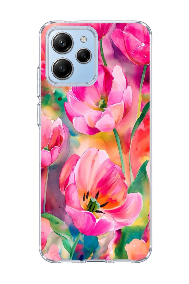 Poco M6 Pro 5g Compatible Pink Tulip Printed Transparent Phone Case