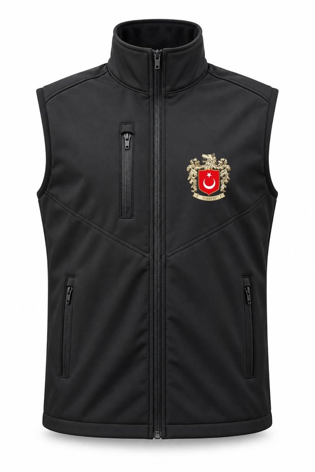 Turkey Emblem Moon and Star Motif Unisex Regular Fit Stand Collar Zippered Black Softshell Vest