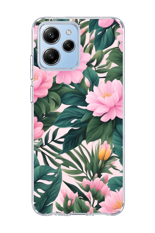 Redmi 12 Compatible Pink Flower Green Leaf Printed Transparent Phone Case