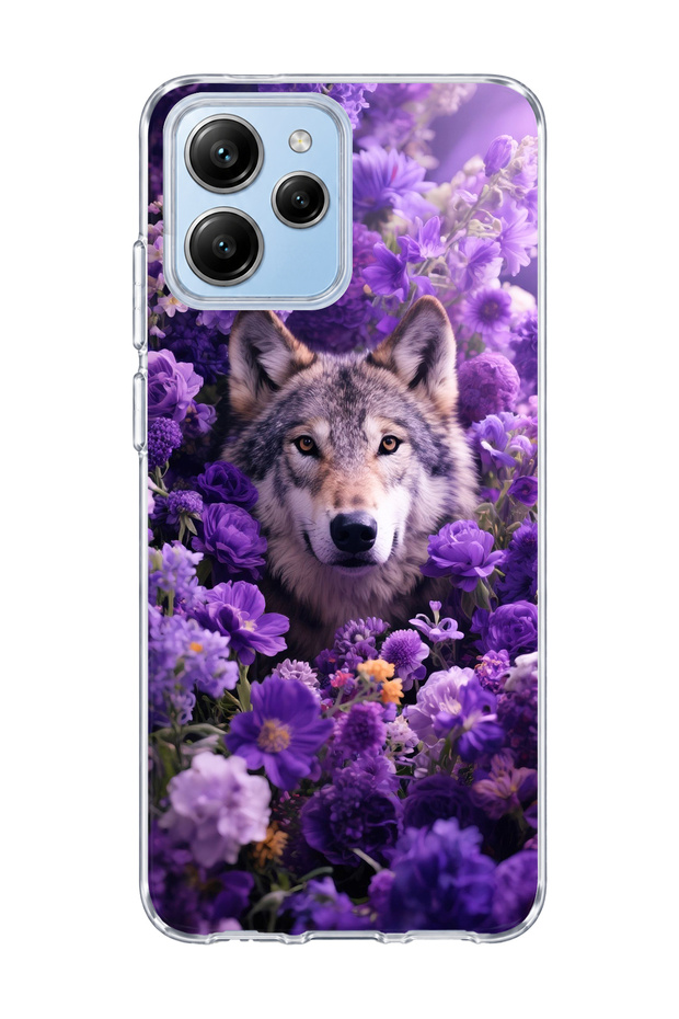Poco M6 Pro 5g Compatible Wolf and Purple Flower Printed Transparent Phone Case