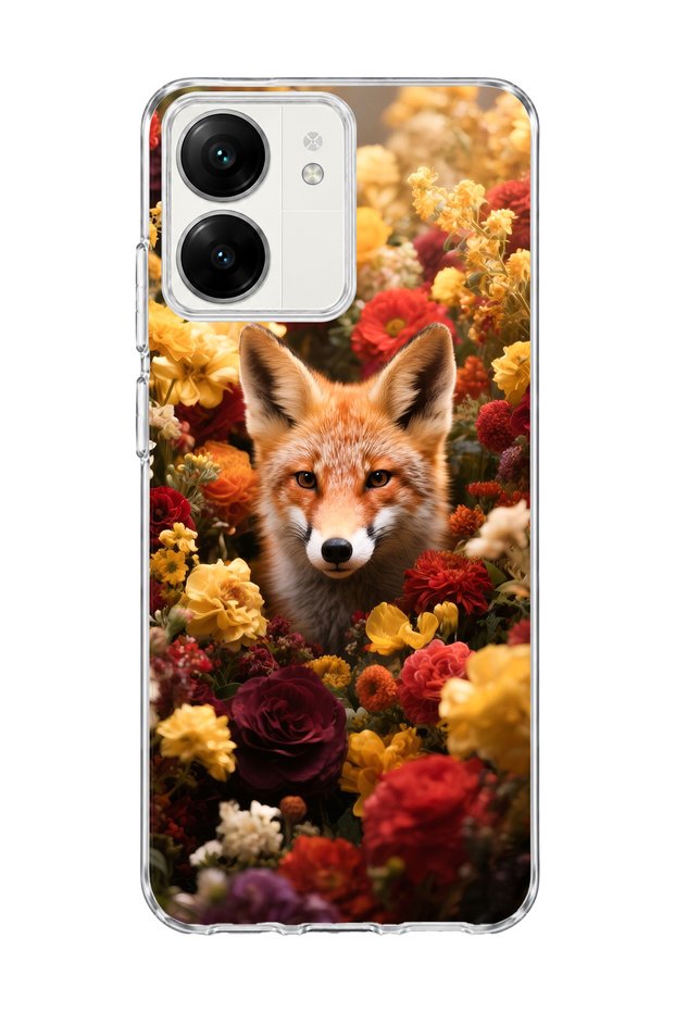 Redmi 13C Compatible Transparent Phone Case with Fox and Flowers Print