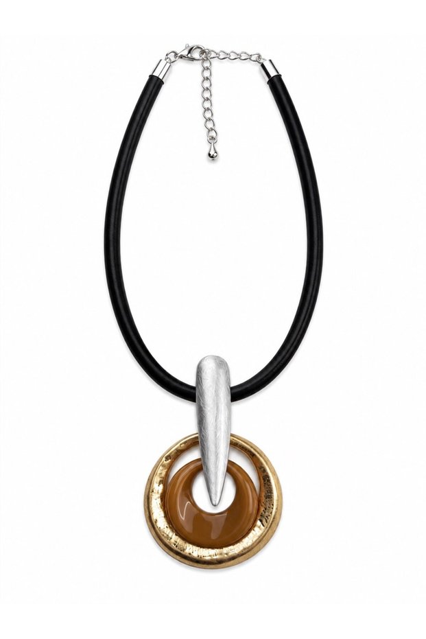 Gold Leather Cord Necklace with Interlocking Ring and Pointed Plate Detail