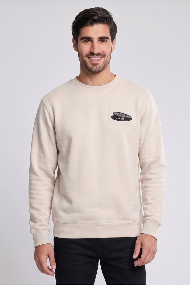 Men Crew Neck Long Sleeve Graphic Print Sweatshirt, Light Beige