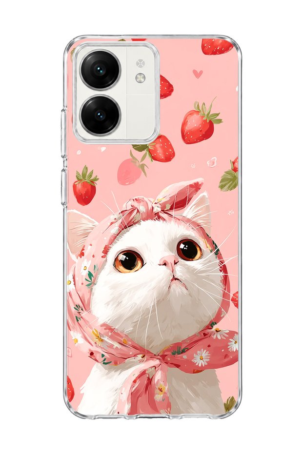 Redmi 13C Compatible White Cat Strawberry Printed Transparent Phone Case with Scarf