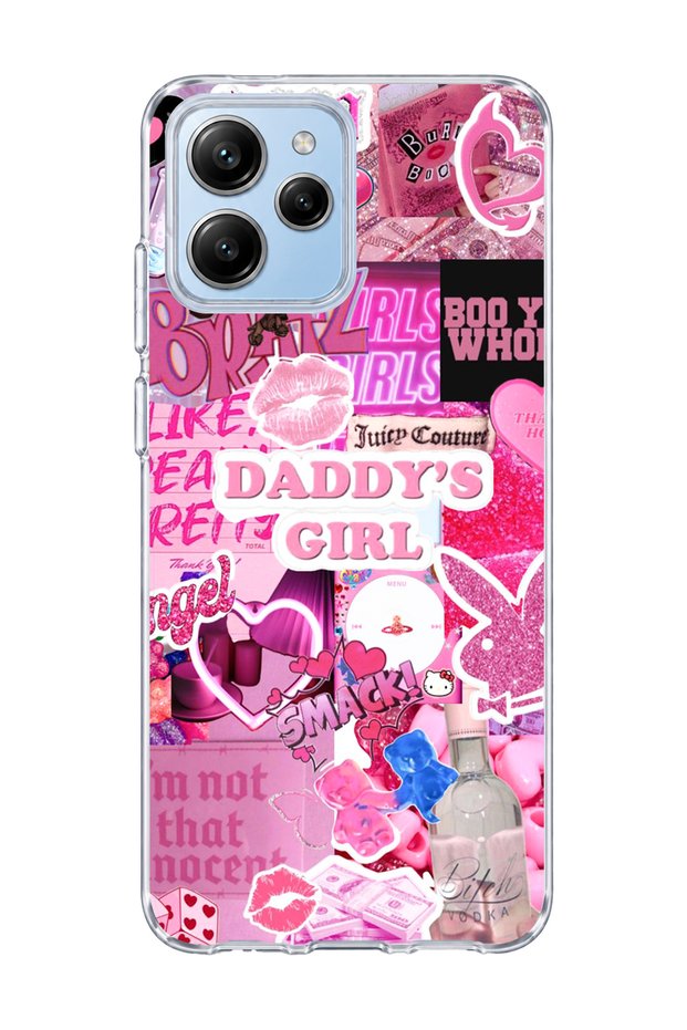 Redmi 12 Compatible Pink Lip Heart Printed Transparent Phone Case