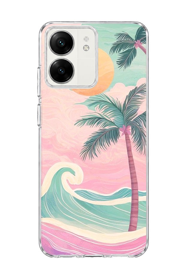 Redmi 13C Compatible Pastel Palm Tree Wave Printed Transparent Phone Case
