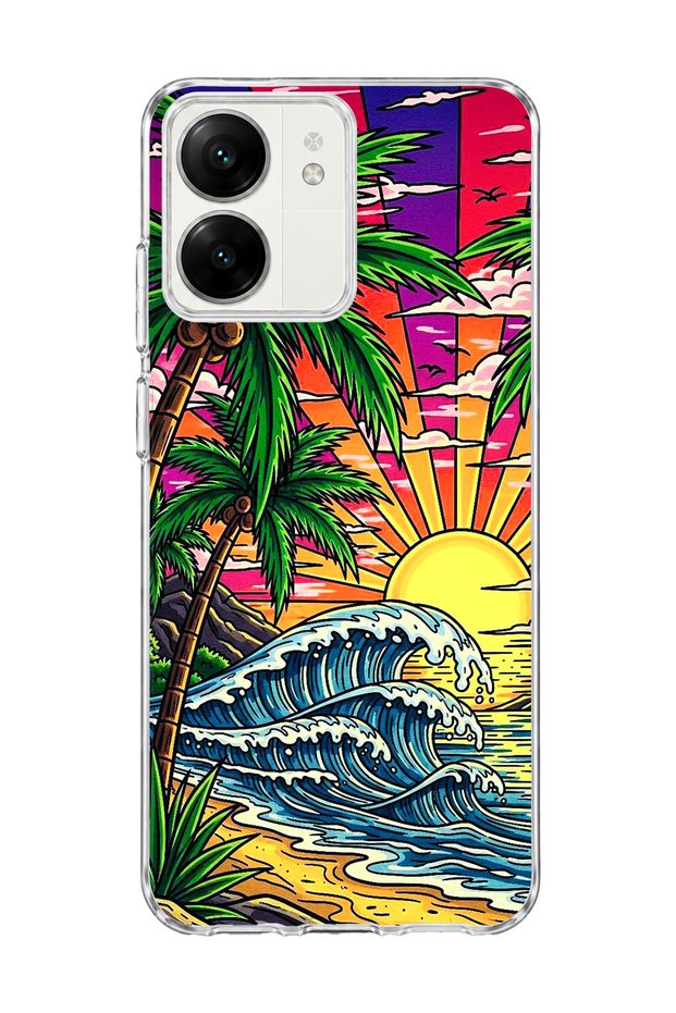 Redmi 13C Compatible Palm Wave Sunset Printed Transparent Phone Case