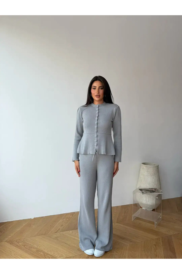 Coated Buttoned Peplum Knitwear Set