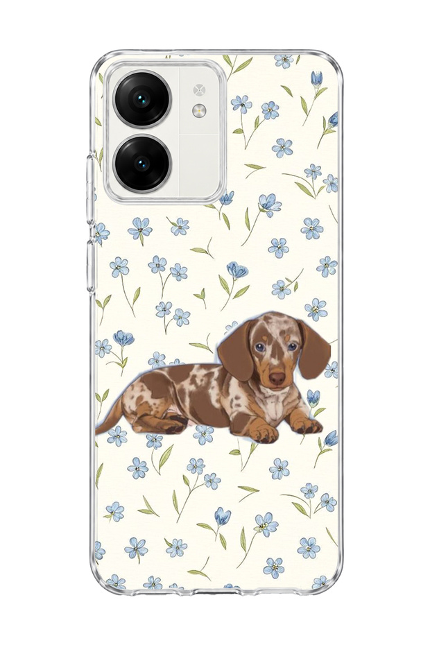 Redmi 13C Compatible Sausage Dog Blue Flower Printed Transparent Phone Case