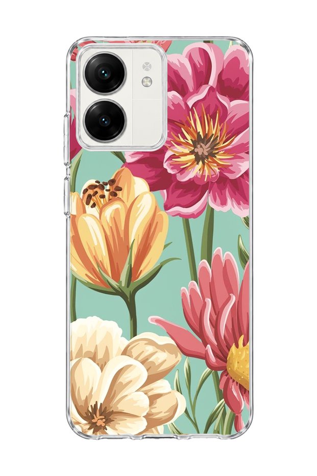 Redmi 13C Compatible Large Flower Mint Green Printed Transparent Phone Case