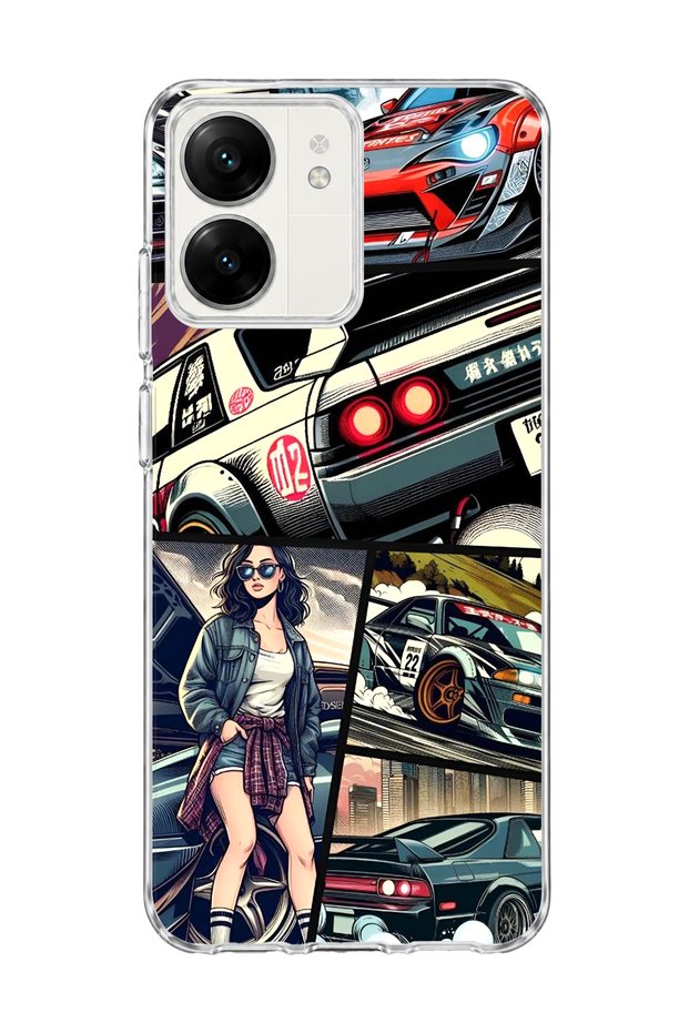 Redmi 13C Compatible Racing Car Comic Printed Transparent Phone Case