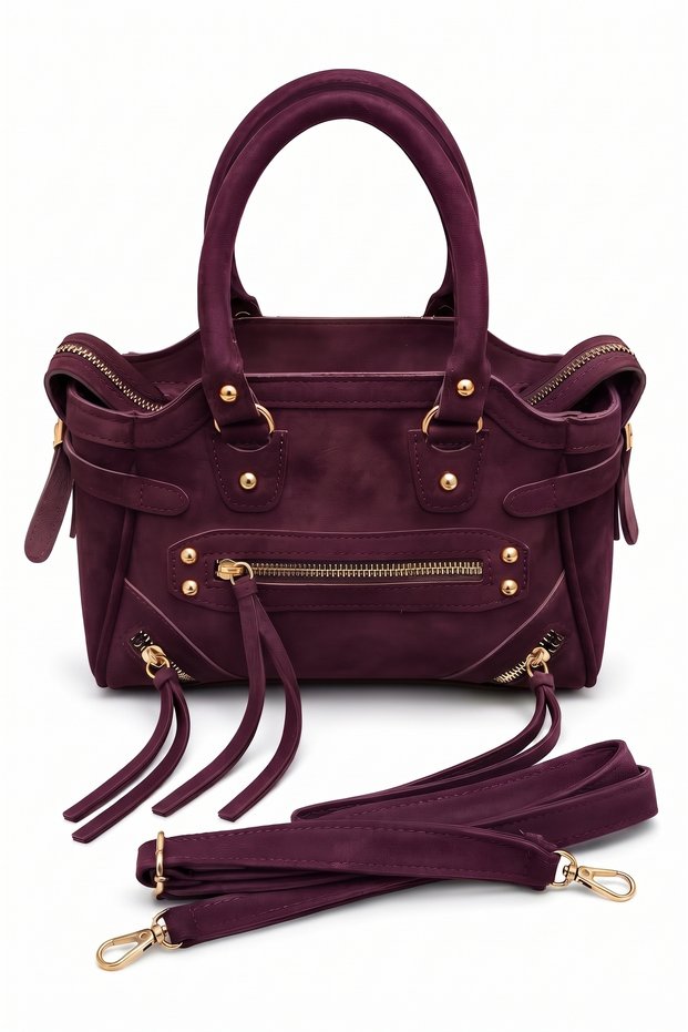 Suede Zippered Pocket Detailed Strap Hand and Crossbody Women's Bag