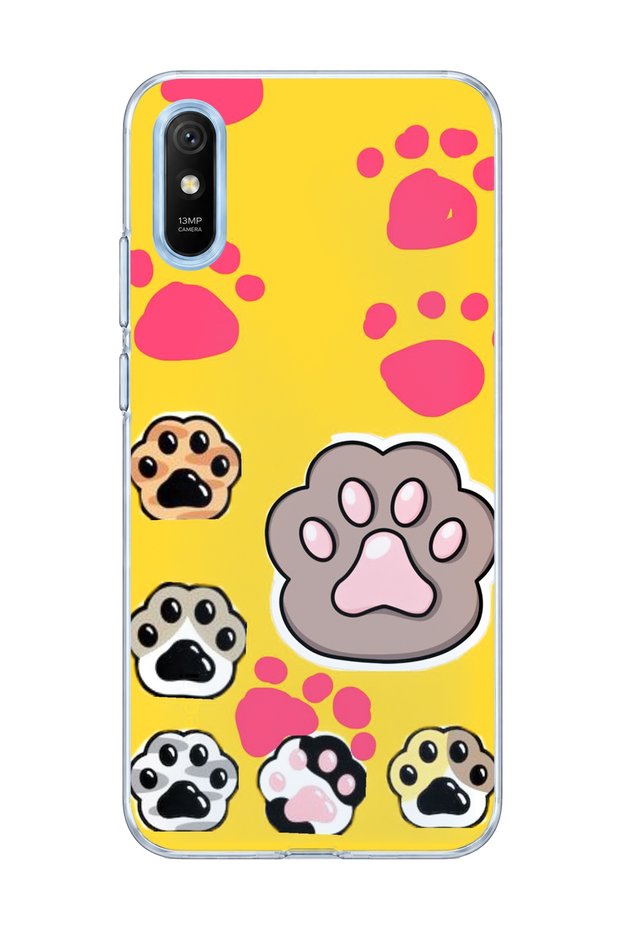 Redmi 9A Compatible Colorful Paw Yellow Printed Transparent Phone Case