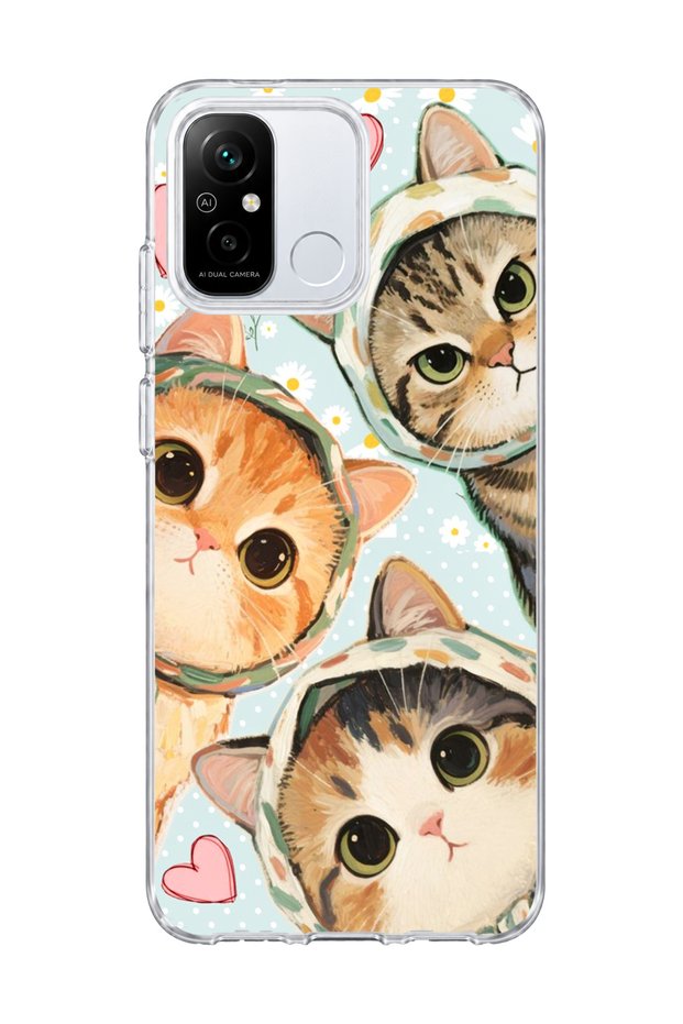 Redmi 12C Compatible Three Cats Heart Printed Transparent Phone Case with Scarf