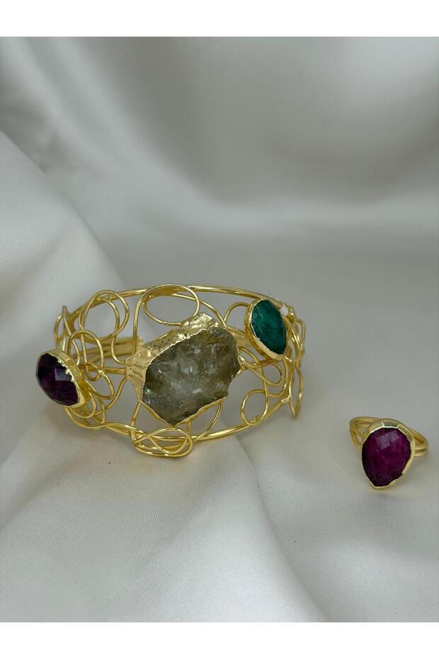 Gold Color Natural Stone Handmade Wire Weave Design Handcuff Bracelet and Real Stone Ring Set
