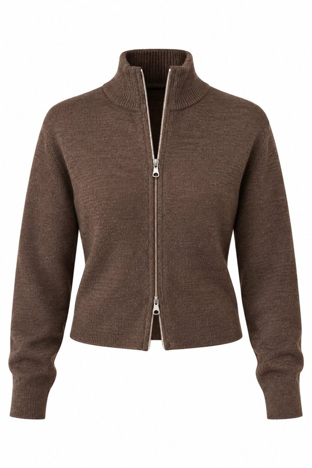 Brown Cotton Double Zipper Cardigan - 2Y0657