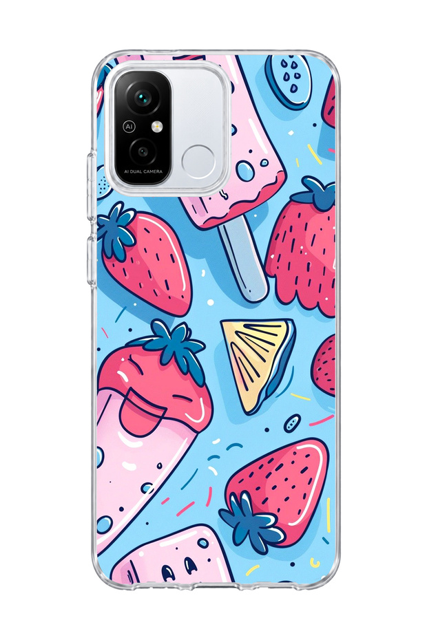 Redmi 12C Compatible Strawberry Ice Cream Blue Printed Transparent Phone Case