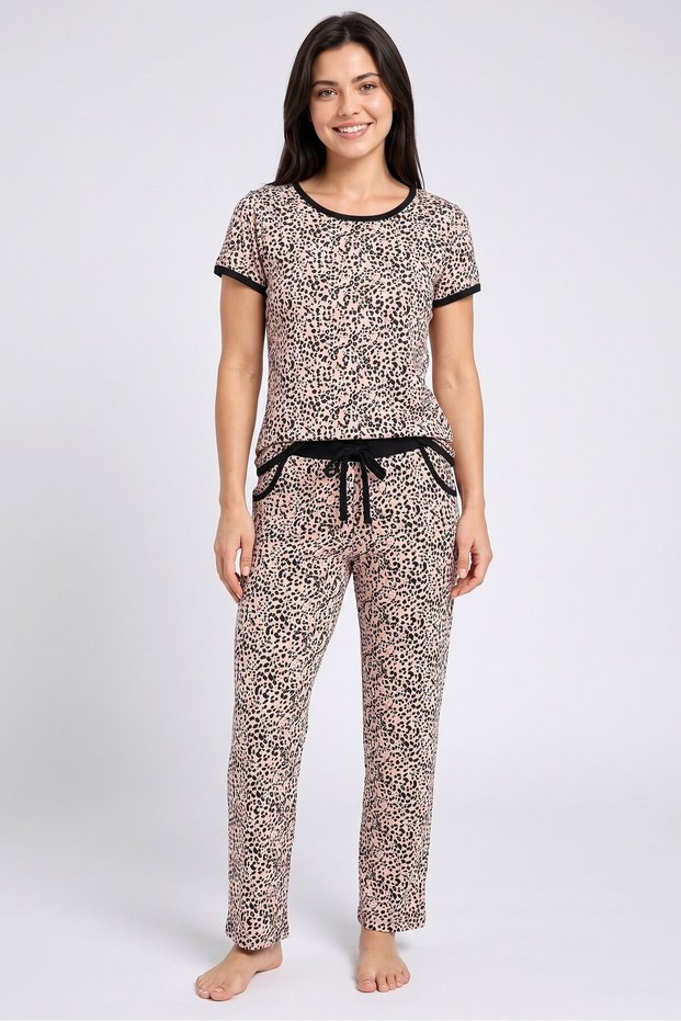 Women Animal Print Short Sleeve T-Shirt And Pants Sleepwear Set, Multicolor