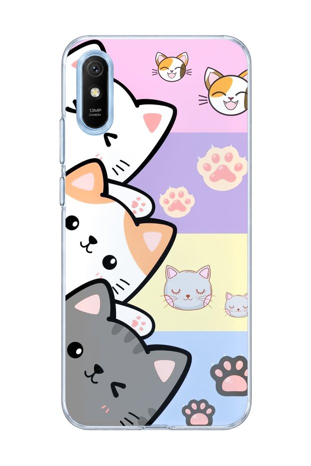Redmi 9A Compatible Cute Cats Pastel Printed Transparent Phone Case