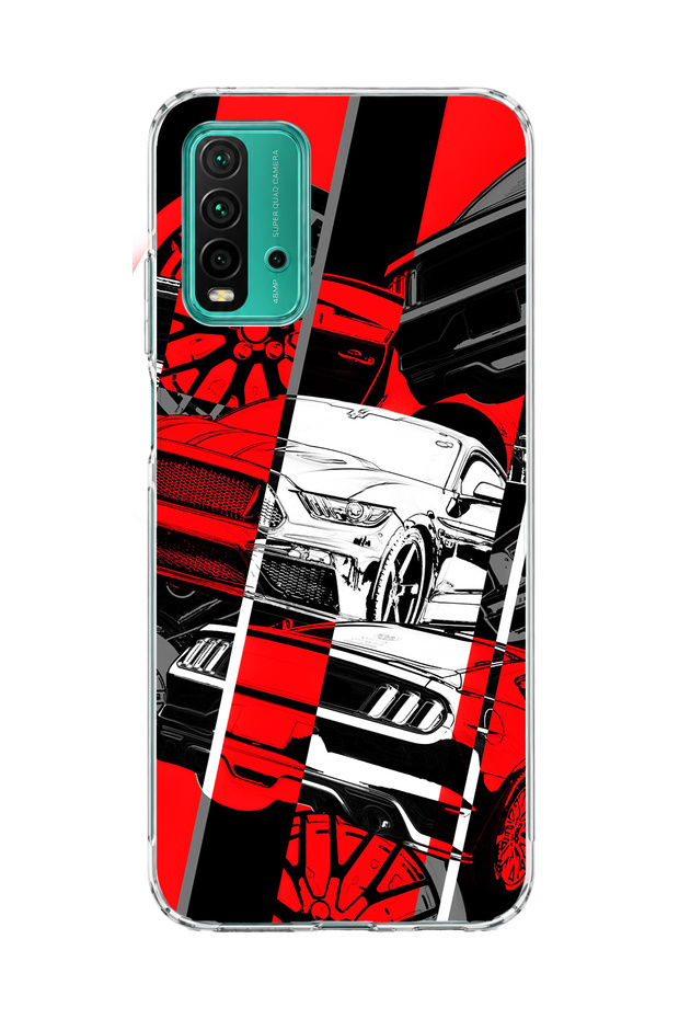 Redmi 9t Compatible Red Black Car Collage Printed Transparent Phone Case
