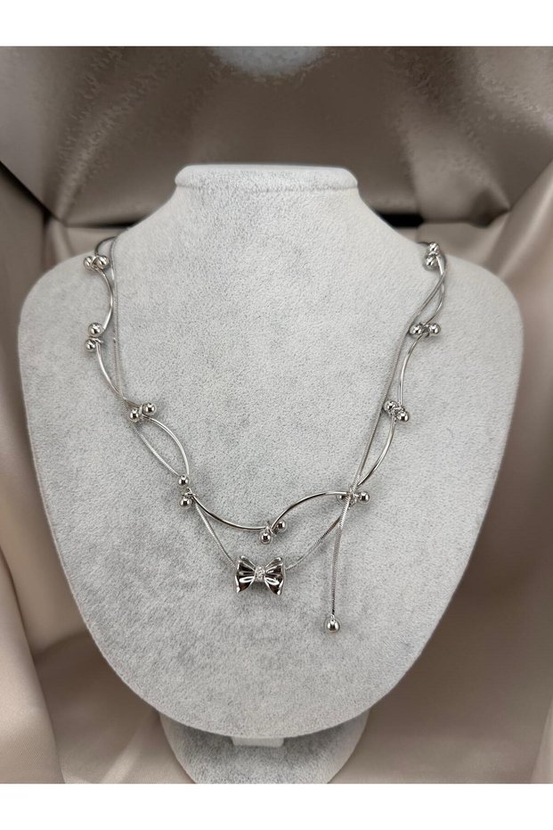 Asymmetrical Stylish Women's Necklace with Bow Figure and Double Chain Bead Detail