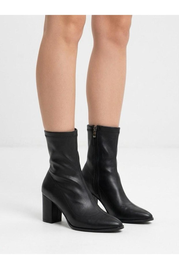 Women's Black Stretch Pointed Toe Stylish Thick Heeled Boots