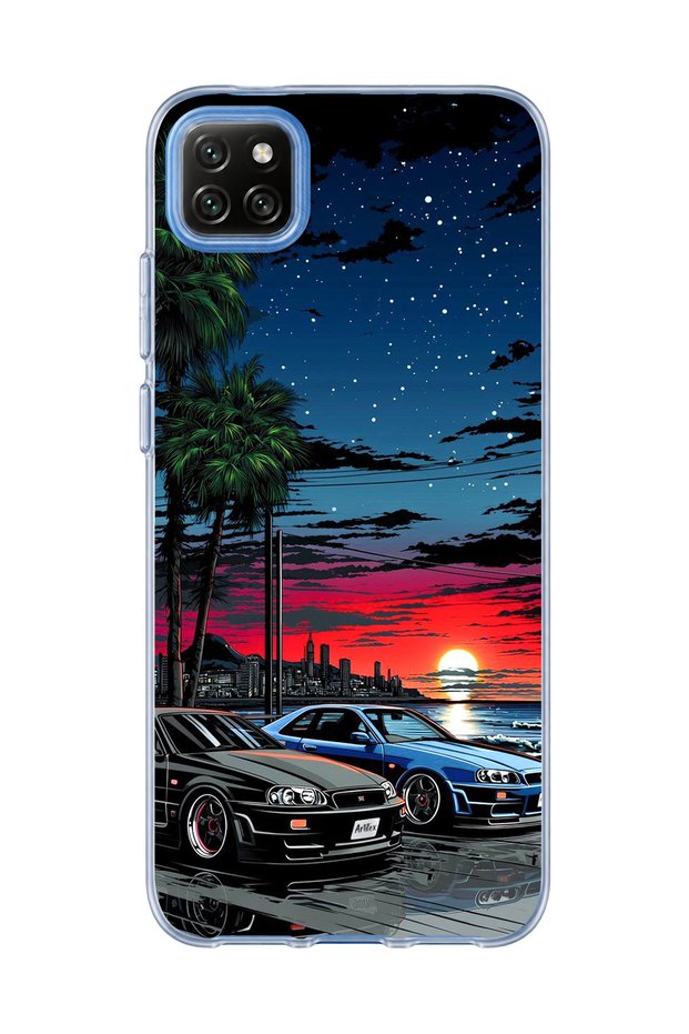 Redmi 9C Compatible Sports Cars Night Coast Printed Transparent Phone Case