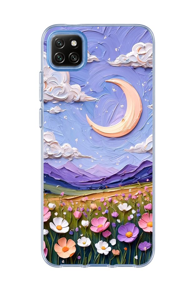 Redmi 9C Compatible Crescent and Flower Field Printed Transparent Phone Case