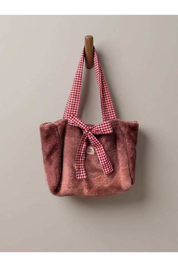 Vintage Touched Plush Bag with Cloth Lining and Plush Fastening, Burgundy 35X30 cm