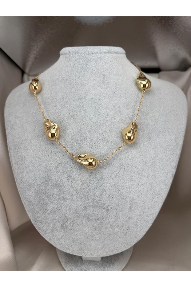 Gold Color Curved Irregular Shape Bead Detailed Chain Modern Stylish Women's Necklace