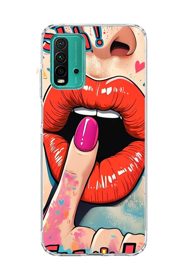 Redmi 9t Compatible Red Lip Printed Transparent Phone Case