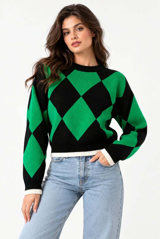 New Product Women's Green Black Diamond Patterned Knitwear Sweater – Crew Neck, Long Sleeve, Stylish and Modern Design