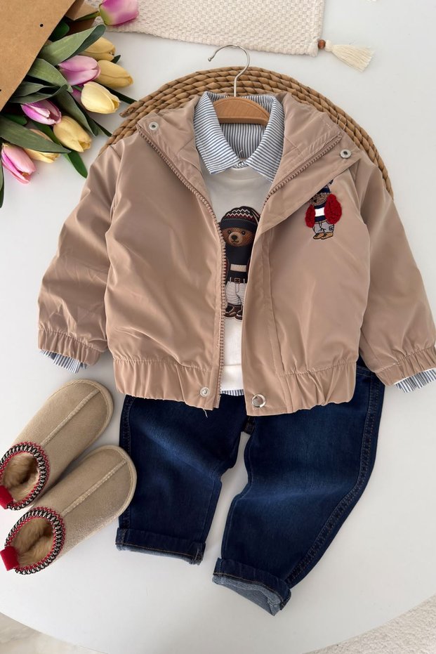 Teddy Bear Poncho Embroidered Coat Baby Boy 4-Piece Denim Set - Beige