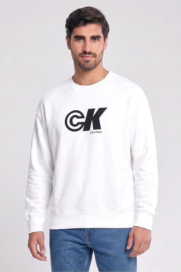 Jeans Men Crew Neck Brand Logo Long Sleeve Sweatshirt, White