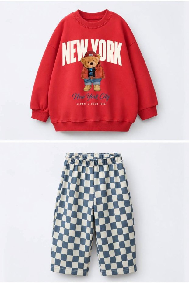 New York Bear Detailed Checkered Unisex Kids Set - Red