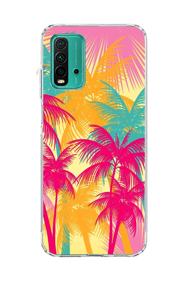 Redmi 9t Compatible Pink Yellow Palm Printed Transparent Phone Case