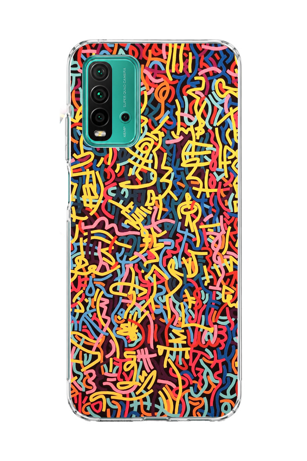 Redmi 9t Compatible Colorful Mixed Line Printed Transparent Phone Case