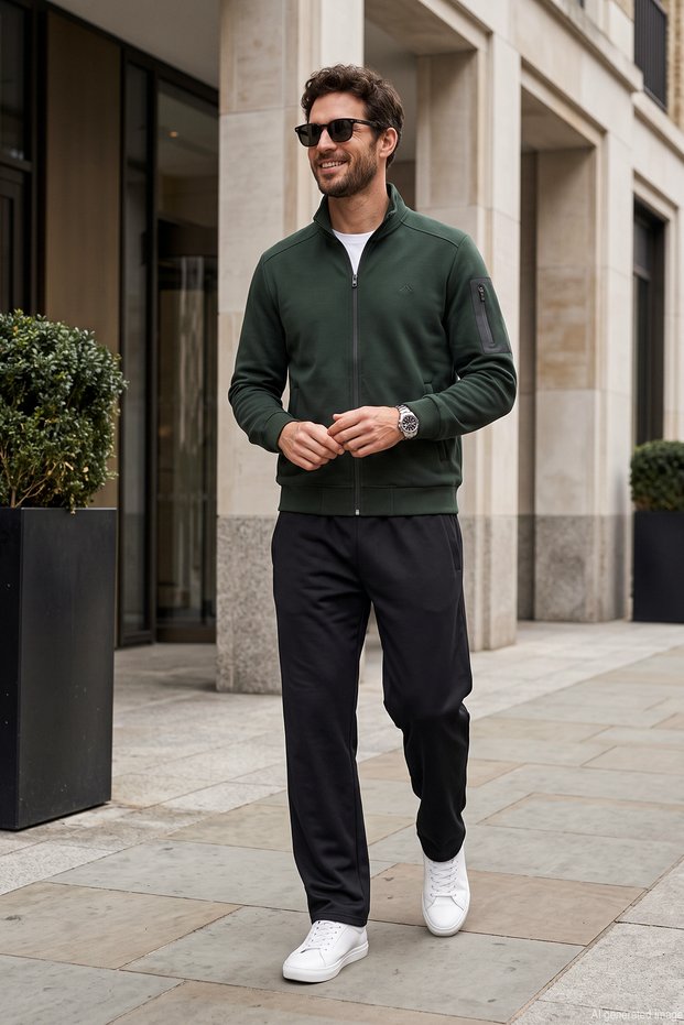 High Collar Zippered Jacket Straight-Leg Pants Tracksuit Set 24710 Khaki-Black