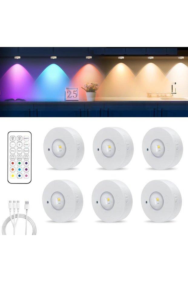 كشافات LED قابلة لإعادة الشحن عبر USB مع جهاز تحكم عن بعد، إضاءة خزانة LED دائرية، 3 ألوان
