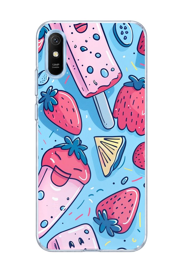 Redmi 9A Compatible Strawberry Ice Cream Blue Printed Transparent Phone Case