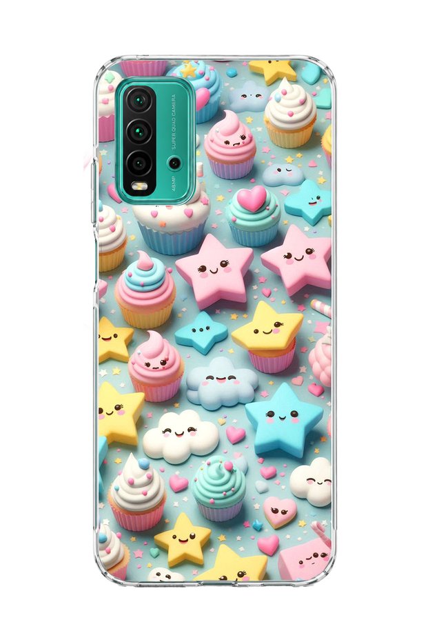 Redmi 9t Compatible Pastel Cake Star Printed Transparent Phone Case