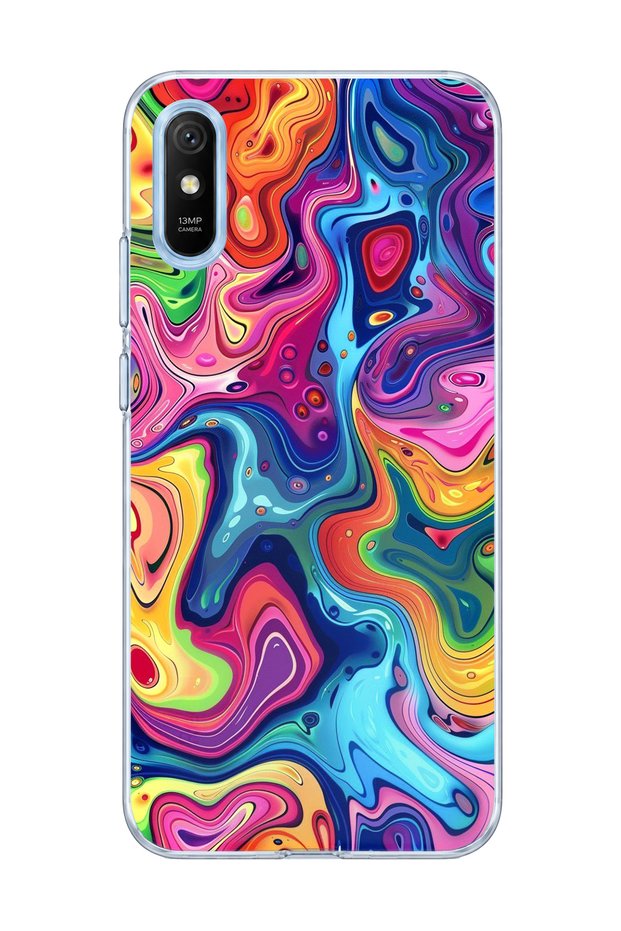 Redmi 9A Compatible Rainbow Fluid Color Printed Transparent Phone Case