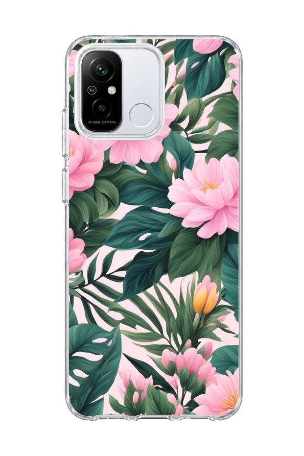 Redmi 12C Compatible Pink Flower Green Leaf Printed Transparent Phone Case