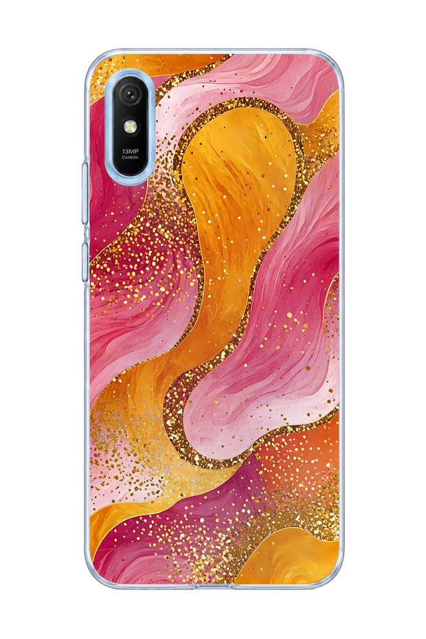 Redmi 9A Compatible Gold Glitter Wave Printed Transparent Phone Case