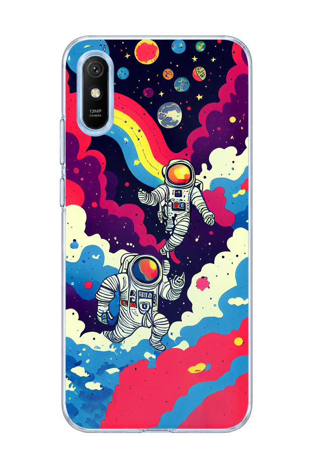 Redmi 9A Compatible Astronaut and Rainbow Printed Transparent Phone Case