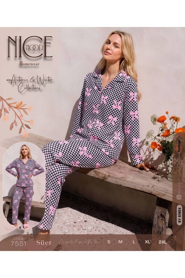 Soft Suede Fabric Shirt Collar Buttoned Long Sleeve Winter Pajama Set