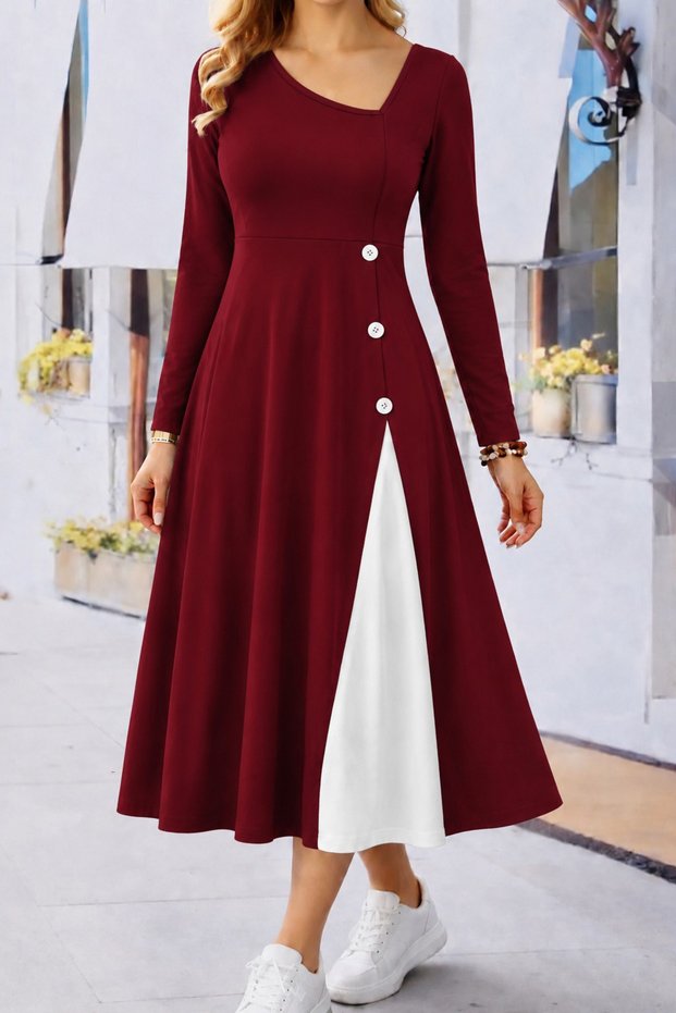 Women's long sleeve asymmetrical neck buttoned weight midi viscose dress