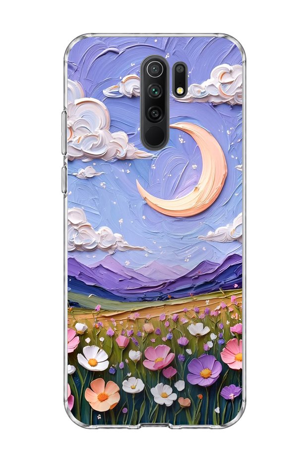 Redmi 9 Compatible Crescent and Flower Field Printed Transparent Phone Case